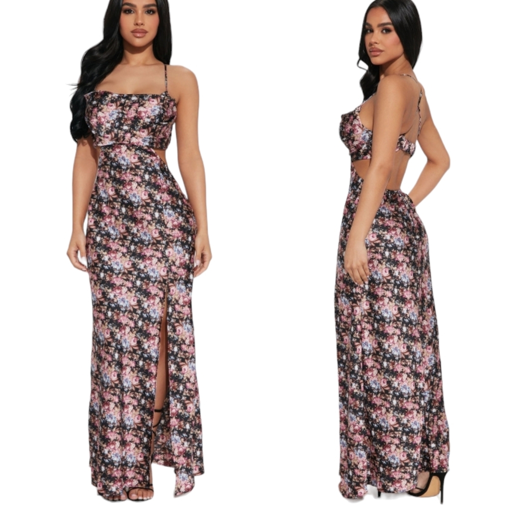 Mable Cut Out Dress Womens Size Large Multi Floral Cowl Neck Backless Maxi Dress